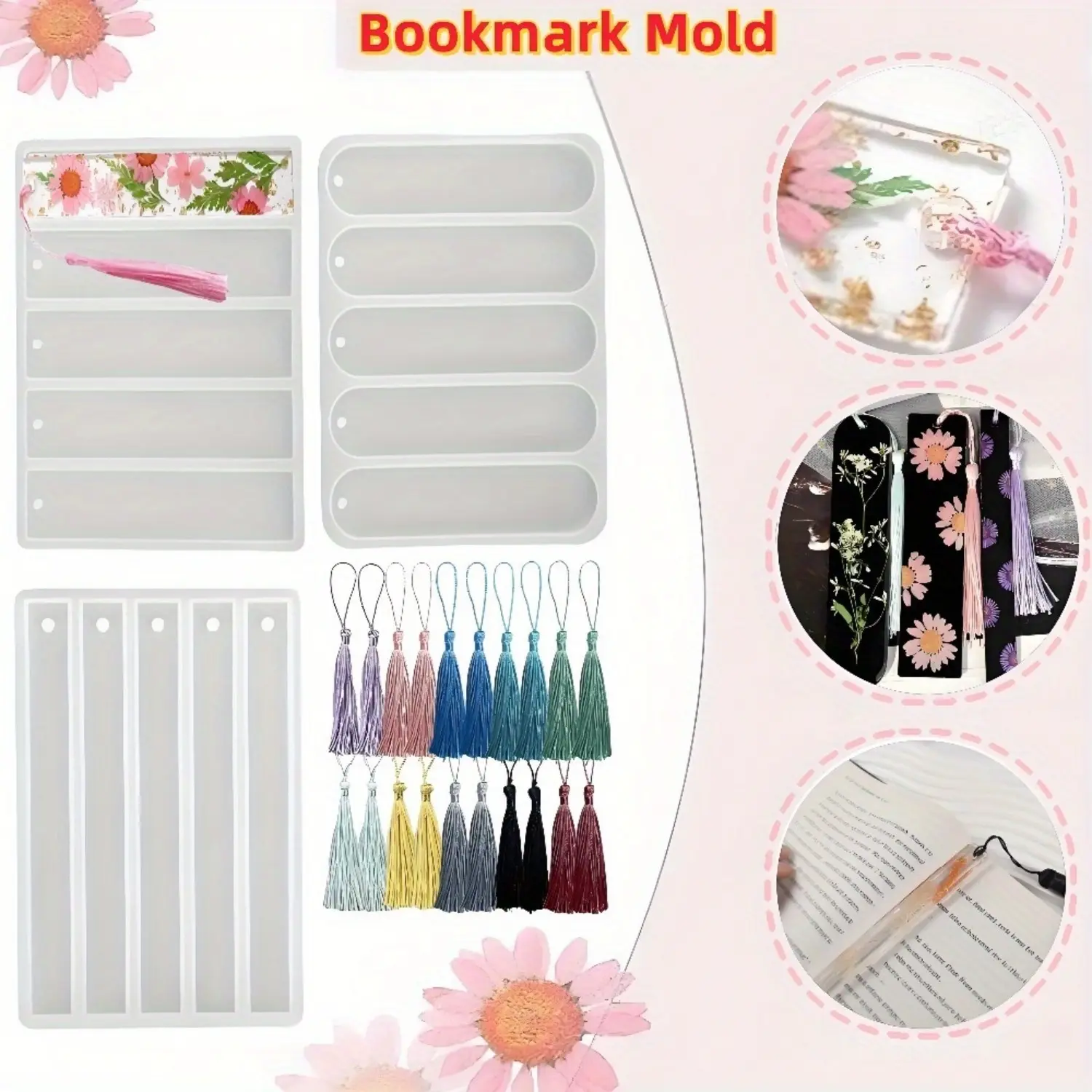 Set of 3 Shiny Bookmarks Silicone Mold,Bookmark Resin Mold with Tassels,Small Medium Rectangle Bookmark Mold,Household goods,Halloween Decor Gifts,DIY Home tools,Hand tools