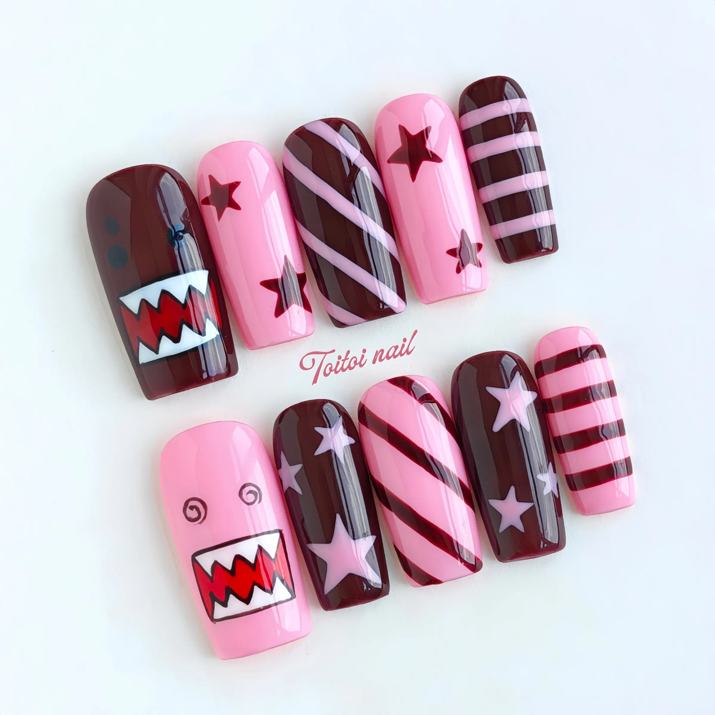 Pink Brown Monster Handmade Press-On Nails, Acrylic Nails, Decorative Nails, Long Square Shape, 10pcs, Sweet Kawaii Style, Pink & Brown Color Block & Cartoon Monster Patterns, High Gloss Finish, Reusable DIY Nail Set for Spring & Festivals