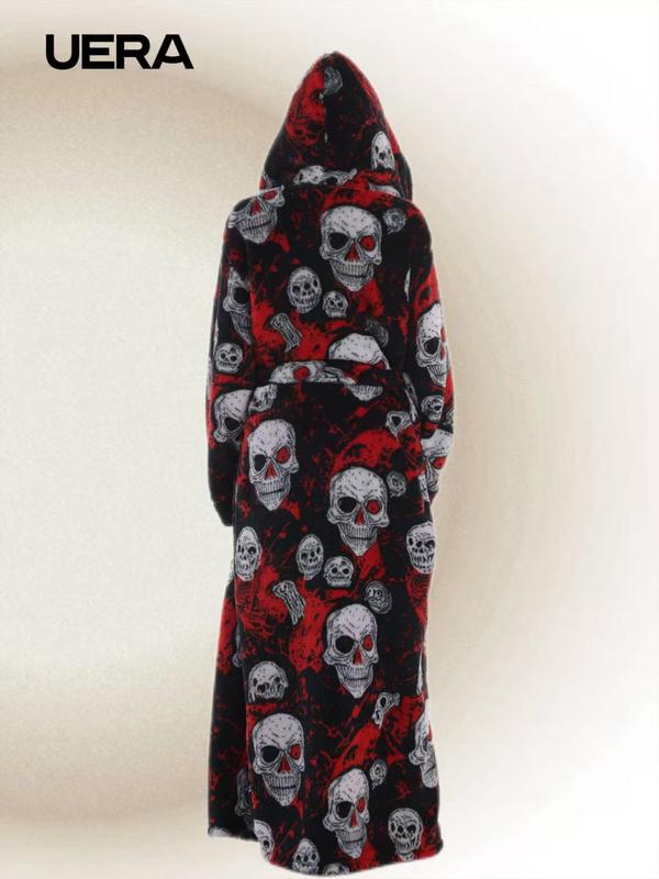 Skull Christmas Series Hooded Bathrobe, Elegant Casual Home Sleepwear, with Pockets, Long Sleeve, Fall & Winter Gift