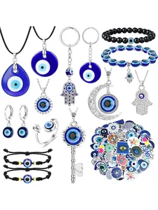 15Pcs Evil Eye Necklace for Women Men Bracelets Earring Ring Keychain Hamsa Hand Pendant Turkish Jewelry Set Matching Jewelry Set Evil Eye Jewelry with 50Pcs Evil Eye Stickers for Christmas & Daily Wear & All Season Women's Accessories