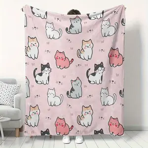 Cute Kawaii Cat Lover Gift Soft Cozy Flannel Blanket - Pink Cartoon Cat Print Plush Throw, Warm Fuzzy Bedroom Sofa Blanket, Perfect Gift for Cat Mom Women Girls Kids for Birthday Holiday Home Decor