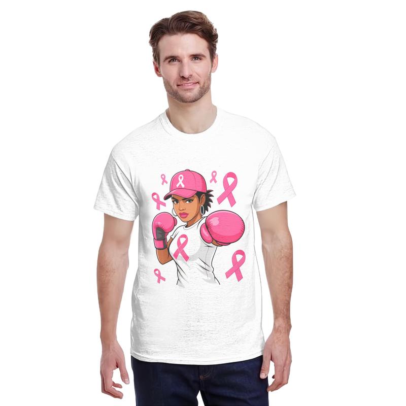Men's Short-Sleeve Round Neck Casual Menswear T-Shirt - Black, African American Breast Cancer Pink Ribbon Motif Top, Cancer Survivor Supporting Cause Apparel, Fall Celebrations Wear