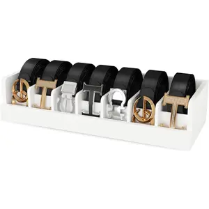 Belt Storage Organizer Box - 7 Grids Bamboo Belt Organizer for Closet | Wooden Belt Tie Hanger Racks for Men Women Drawer | Belt Display Holder Wall Mount with 2 Pcs Tie Clip (White)