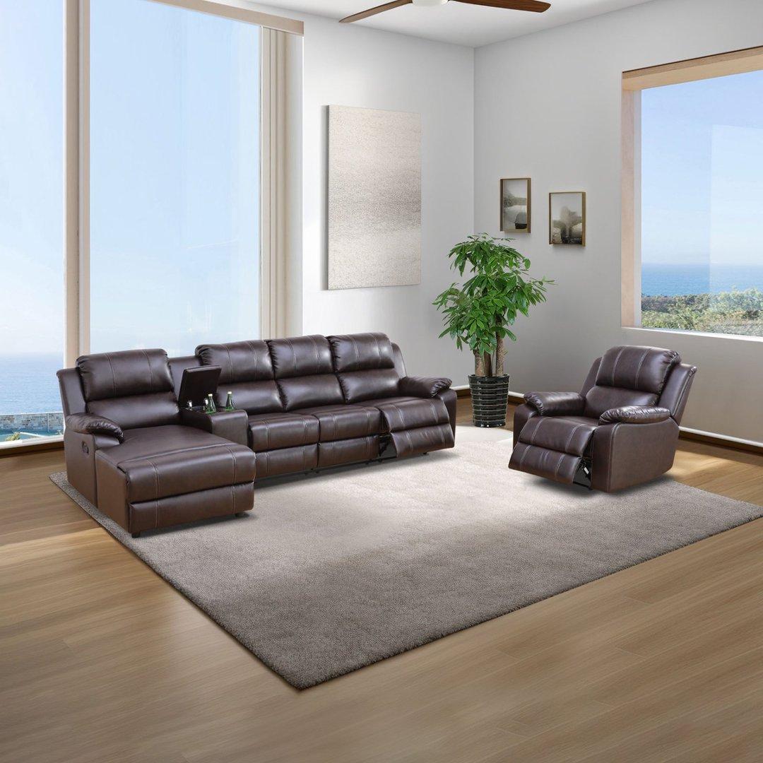 Brown Breathing Leather 4-Piece Living Room Recliner Sofa Set