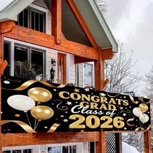 2D flat, 1 piece, 78.8x17.8 inches, graduation-themed party banner, prominently displaying 'Class of 2026', surrounded by graduation elements, garden courtyard hanging banner, suitable for outdoor party supplies and decorations