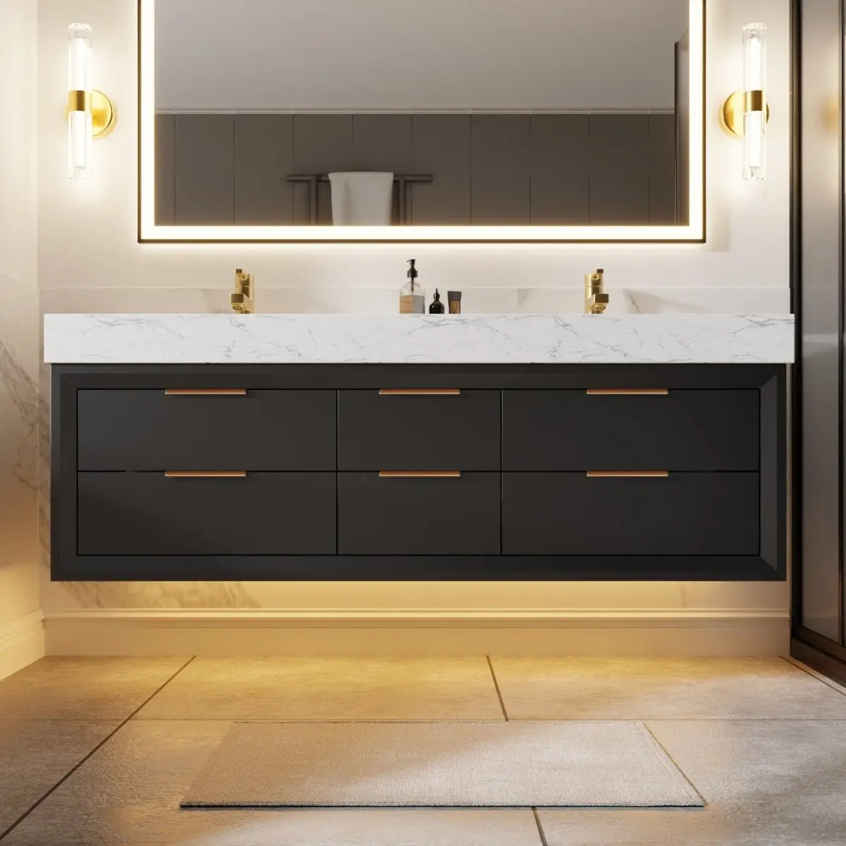 Glam 60" Black Floating Vanity 60 Modern Rubberwood Bathroom Cabinet with Lights and Stone Slab Countertop, Dual Sinks