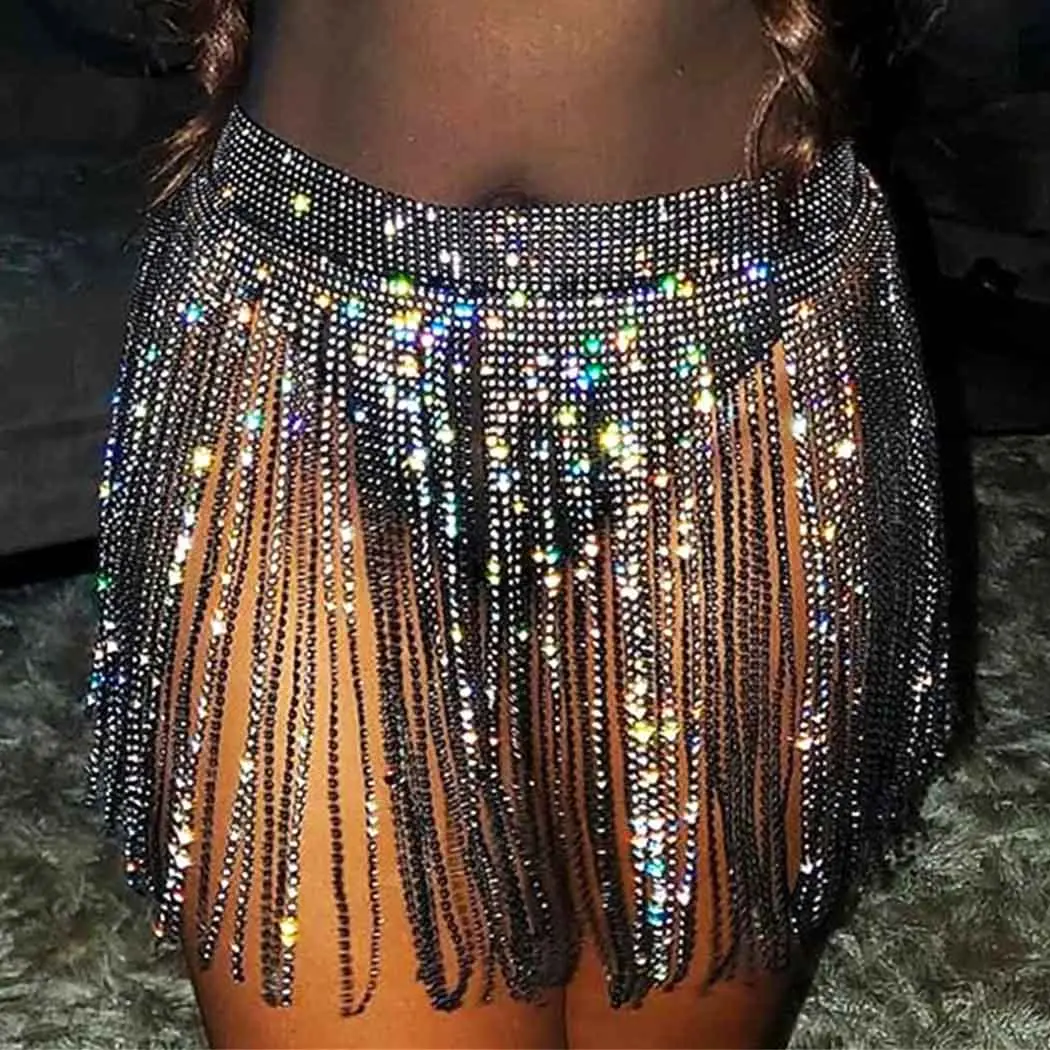 Zeelina Rhinestone Fringe Belt Skirt Black Sparkly Wrap Skirts Crystal Belly Dance Tassel Hip Scarf Rave Outfit for Women