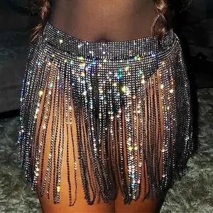 Zeelina Rhinestone Fringe Belt Skirt Black Sparkly Wrap Skirts Crystal Belly Dance Tassel Hip Scarf Rave Outfit for Women