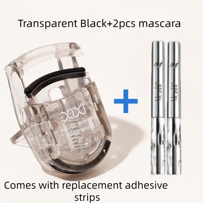 Clear Mini Eyelash Curler With Replacement Silicone Pads + 2Pcs Waterproof Lash Mascara Set Long Lasting Lash Makeup Bundle