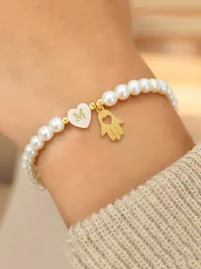 Heart Shaped Initial Stainless Steel Hamsa Hand Pendant Bracelet for Women, Vintage Classic Faux Pearl Beaded Chain, Casual Style