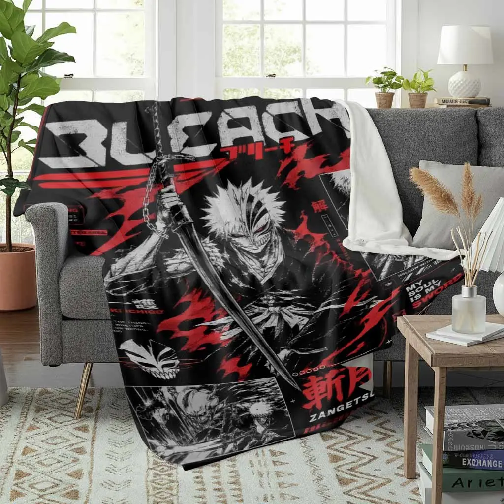 Anime Theme Ichigo Kurosaki Flannel Fleece Blanket - Gothic Zangetsu Sword Print, Flannel Fabric, Fleece Weave, Super Soft Lightweight Durable Cozy Throw for Living Room Room Decor House Decor, Holiday Gift for Anime Fans, All-Season Bedding Essential