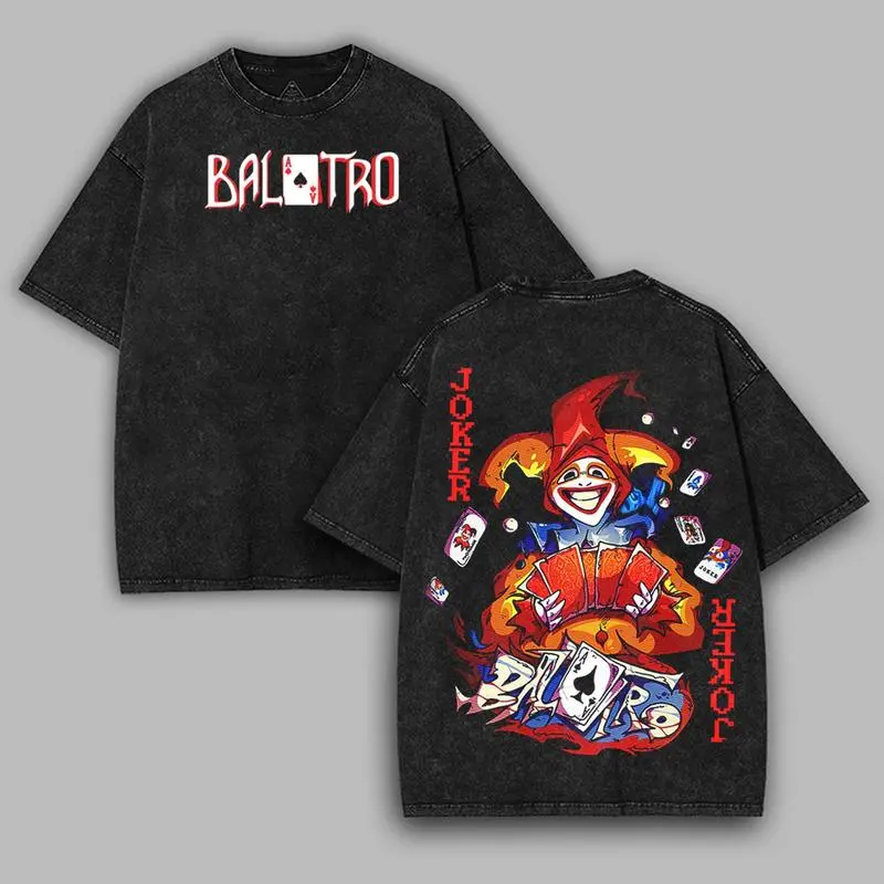 Balatro Joker Art Double Sided T-Shirt Vintage Washed Oversize Unisex Tee, Indie Card Game Inspired Streetwear tee unisex heavyweight cotton t-shirt washed vintage t-shirt Casual Menswear