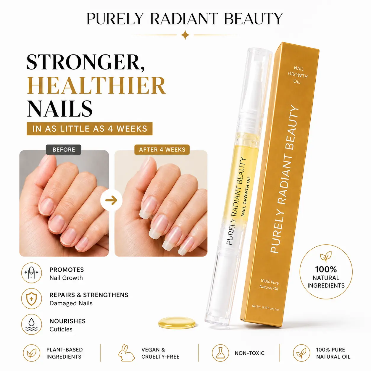 Purely Radiant Beauty Nail Growth Oil Nourishing & Moisturizing Formula for Longer Stronger Nails Prevents Brittleness Breakage Made with Jojoba Castor Coconut & Argan Oils 3ML Natural Blend Peeling