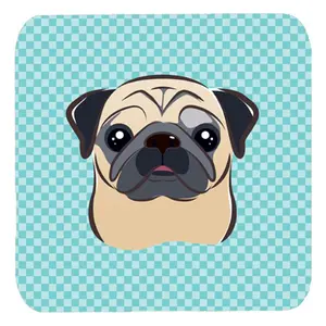 Carolines Treasures  3.5 x 3.5 In. Checkerboard Blue Fawn Pug Foam Coasters- Set Of 4