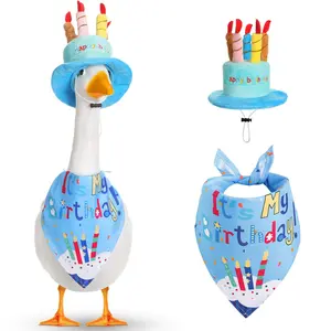 [Buy 1 Get 1 Free Gift] LIVOA Desk Goose Outfits, 2-Piece Happy Birthday Goose Clothes Set in Blue & Pink with Cake Hat and Bandana, Durable Plastic Porch Goose Statue Decoration for Lawn, Patio, Yard, Weddings & Parties