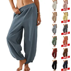 Women's loose wide leg pants with casual elastic waist and harem belt pocketRAIMENTRY