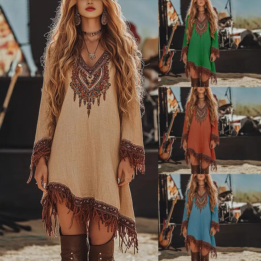Women's loose printed dress with lace trim Women's loose printed dress with lace trim