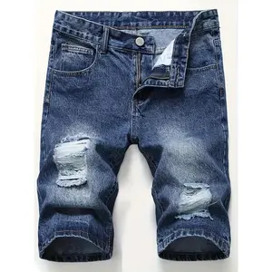 Men's High Cotton Dark Blue Distressed Ripped Denim Shorts, Y2K Streetwear Vintage Washed Summer Jean Shorts, High Street Fashion