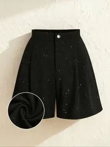 Plus Size Women's High Waist Sequin Wide Leg Shorts, Elegant Party Wear, Casual Loose-Fitting Summer Pants Womenswear