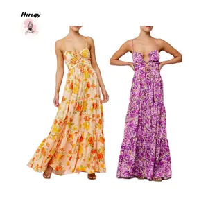 Women's Long Beach Dress Sleeveless Spaghetti Strap Cross Tie-up Front Floral Print Dress Midi Slip Dress Outdoorfun