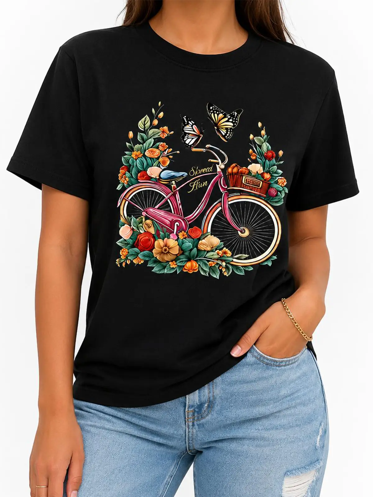 Premium Soft Cotton Unisex Floral Bicycle Butterfly Crew Neck Graphic Print T-Shirt Summer Wins Birthday Gift Casual Summer Daily Tee summerwins