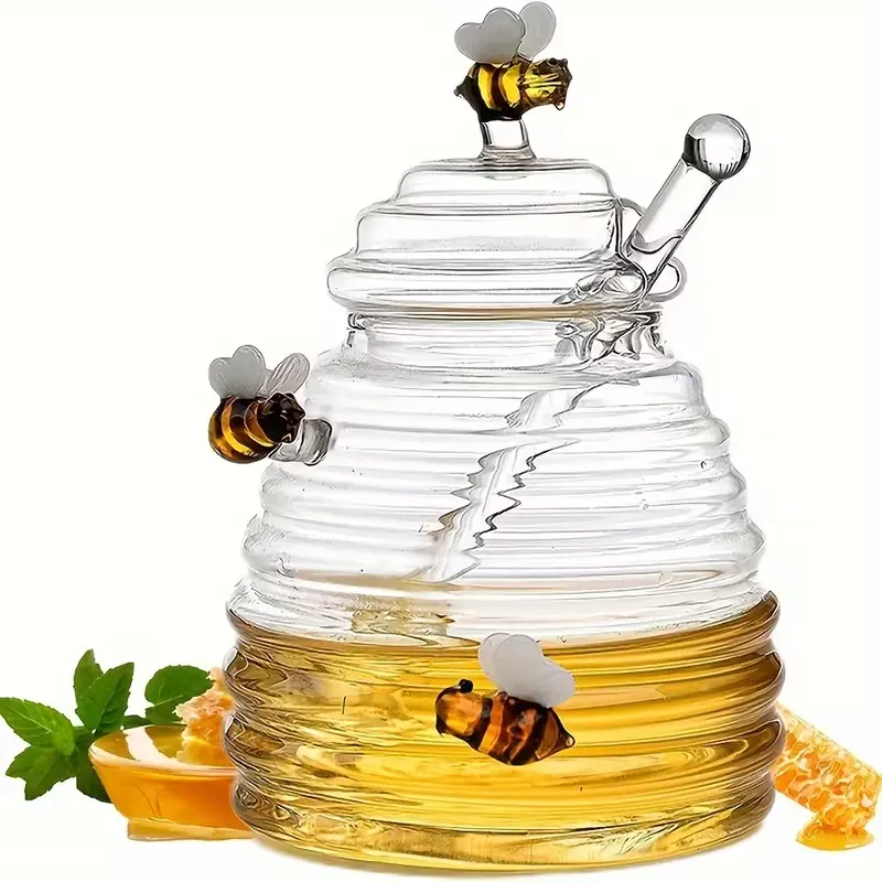17oz Glass Honey Jar with Dipper and Lid, Cute Clear Beehive Honey Pot with 3D Bees, Aesthetic Syrup Dispenser Container for Kitchen Counter Decor, Cottagecore Tea Time Accessories & Housewarming Gift for Women (500ml)