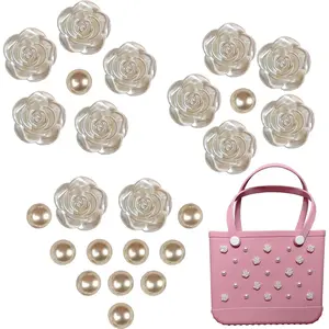 24Pcs Charms Set for Bogg Bag & Simply Southern Universal, Bling Pearl, Rose,Daisy,Flower, Peach Blossoms, Heart Accessories for Women, Rich Personalized Decoration Kit-White Rose
