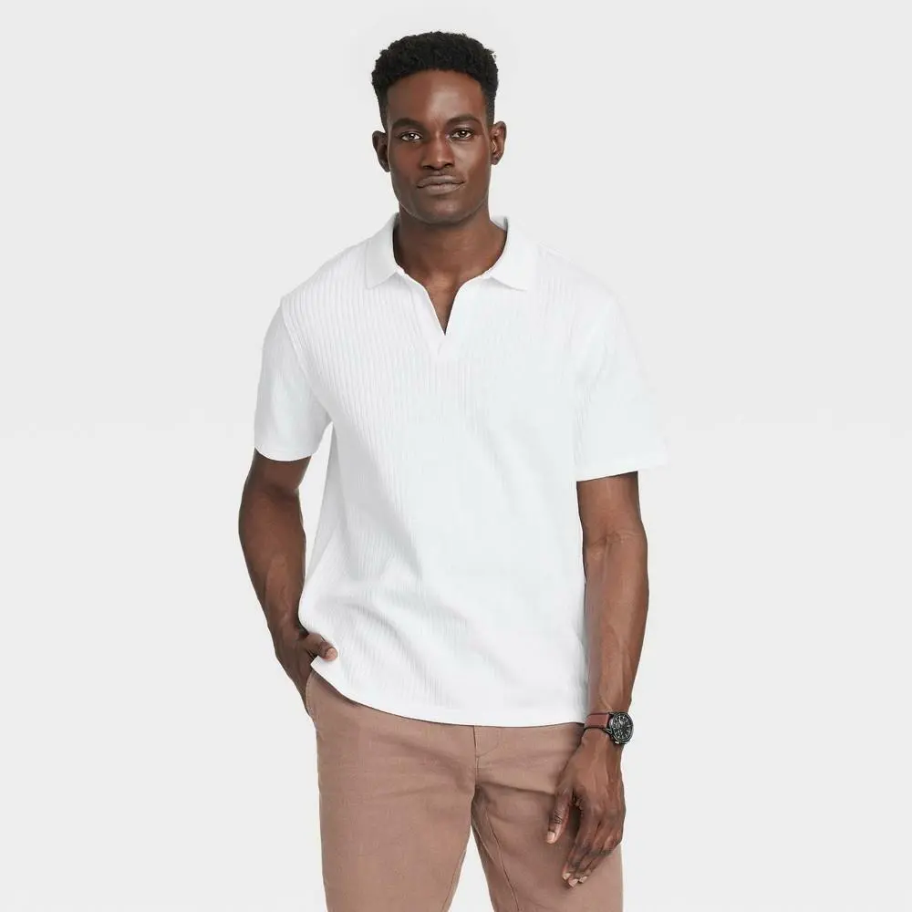 Goodfellow & Co Men's Regular Fit Short-Sleeve Cotton Classic Pullover Polo Shirt - Menswear Essential Tops, Sporty Fabric, Paired with Jeans, Pants (Size L, White), Collared, Knit, Shortsleeve, Sporty Chic, Below Waist, Side Vents, Jacquard Knit, Cotton,