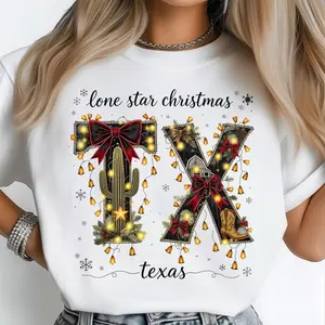 Lone Star Christmas Texas T-Shirt, Festive TX Cactus & Cowboy Boot Holiday Tee, Merry Western Christmas Shirt, Cozy Southern Holiday Gift Idea