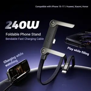 240W fast charging data cable with built-in phone stand; 2026 model new 2‑in‑1 fast charging cable with phone stand; multifunctional charger suitable for gaming, work, and travel; fast charging cable.