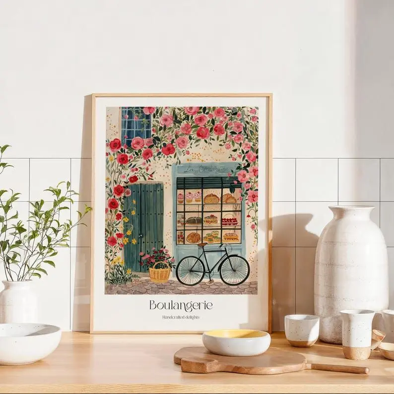 Cozy French Boulangerie Wall Art Print - Spring Romantic Bakery, French Cafe in Summer Time, Charming Pink Watercolor Wall Art, Paris Decor