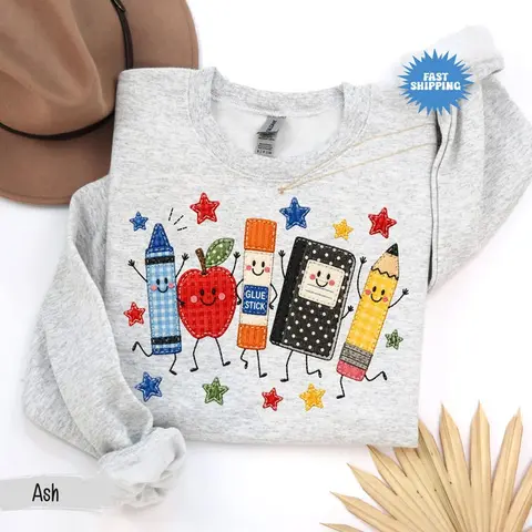 [Sweatshirt or Tshirt] Back to School Sweatshirt, Apple Pencil Notebook Graphic Shirt, Doodle School Teacher Sweater, Cute Teacher Gift, Teacher Gildan Crewneck