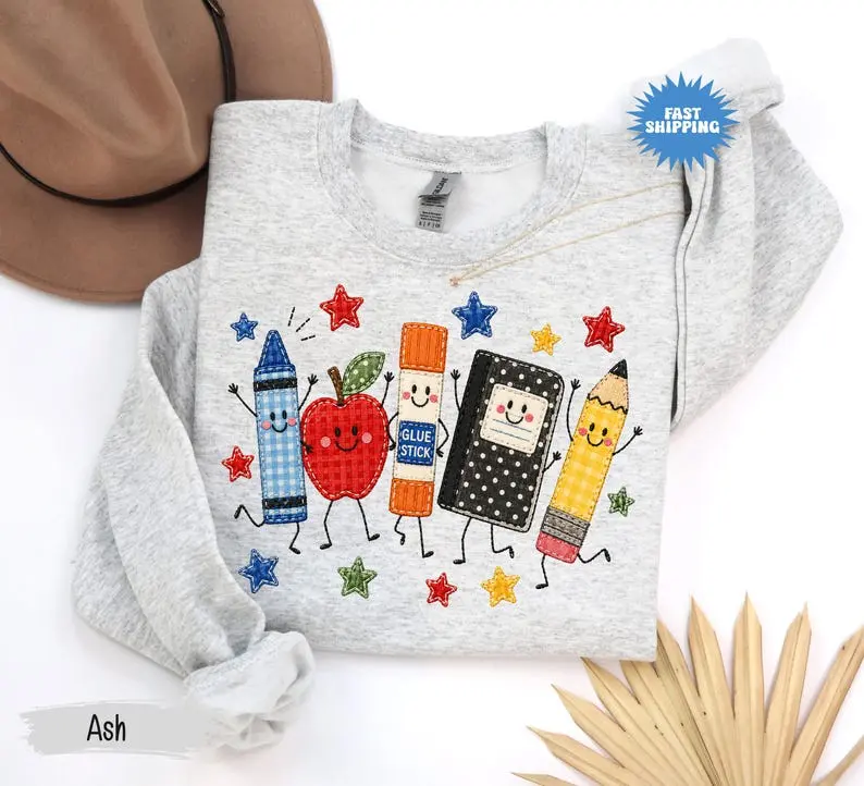 [Sweatshirt or Tshirt] Back to School Sweatshirt, Apple Pencil Notebook Graphic Shirt, Doodle School Teacher Sweater, Cute Teacher Gift, Teacher Gildan Crewneck