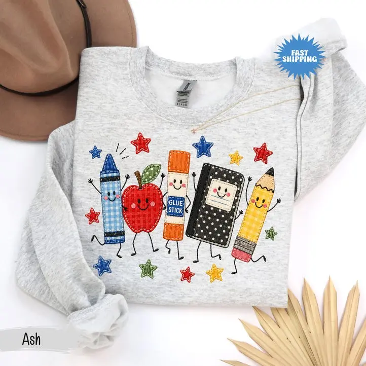 [Sweatshirt or Tshirt] Back to School Sweatshirt, Apple Pencil Notebook Graphic Shirt, Doodle School Teacher Sweater, Cute Teacher Gift, Teacher Gildan Crewneck