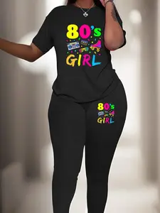【Plus Size】 Two-Piece Set Letter & Figure Print Short Sleeve Tee & Skinny Pants, Casual Round Neck T-shirt & Trousers for Daily Wear, Women's Two-piece Outfits for Fall & Winter, Womenswear, Cute Two Piece Sets
