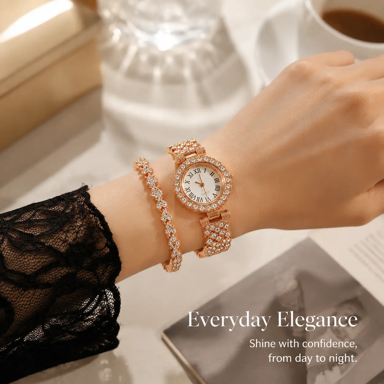 2-Piece Women's Watch and Bracelet Set, Gold Tone with Embedded Crystals, Classic Roman Numerals Quartz Watch with an Adjustable Clasp, Two Pieces