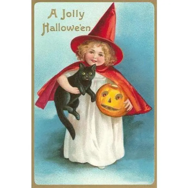 A Jolly Halloween, Little Girl Witch with Cat and Jack O'Lantern .Poster Decorations, Holiday Poster - Halloween Party Decorations. Moives Poster.Wall Decor.Poster Gift For Holiday, Halloween, Birthday, Christmas