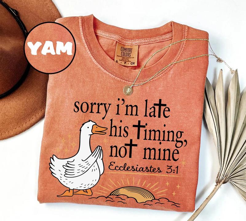 Comfort Colors Christian Shirt, Sorry I'm Late His Timing Not Mine, Bible Verse Ecclesiastes 3:1 Tee, Faith Based Religious Gift for Women