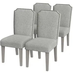 Upholstered Dining Chair Set, Moden Wood Kitchen Chairs with Wood Legs, Padded High Back Dining Chair with Nailhead Trim Design, Fabric Side Chair for Living Room Restaurant (Gray,4PCS)