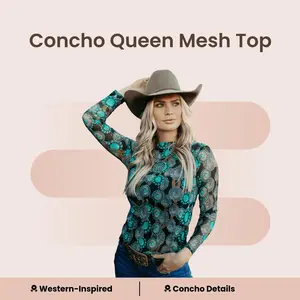 Sterling Kreek Women's Concho Queen Mesh Turtleneck Blouse - Long Sleeve Chic Cute Layering Piece, Breathable Spandex Sheer Shirt, Women's Clothes