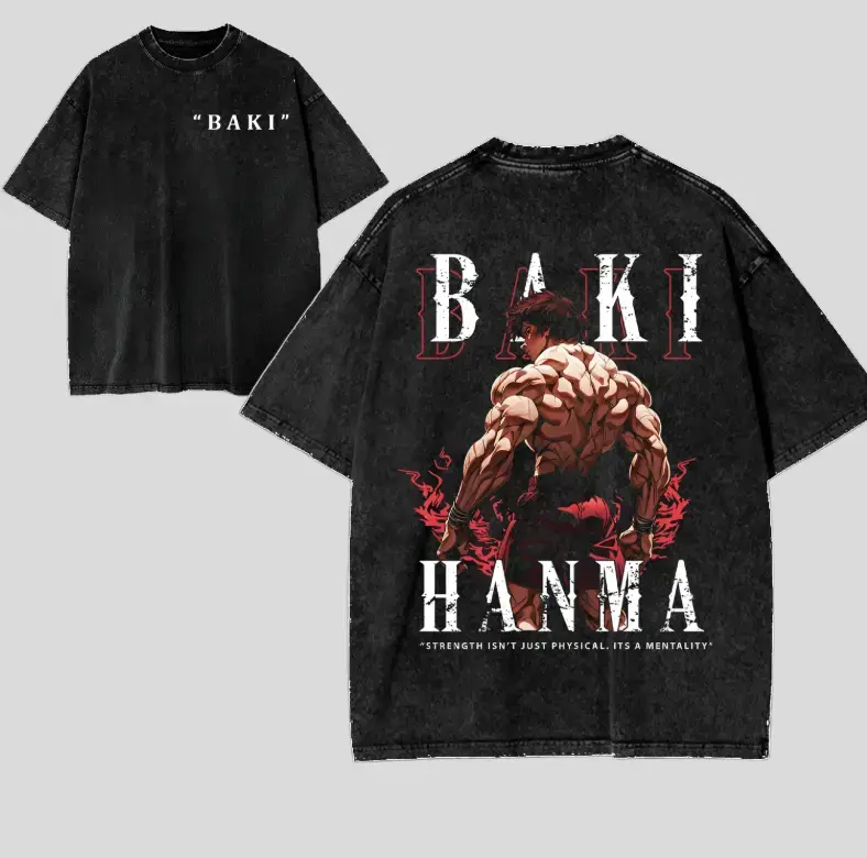 Men's Baki Hanma Graphic Washed T-shirt - Breathable 100% Preshrunk Cotton Shortsleeve Top for Anime Fans, Tshirt, Unisex, Fabric, Print, Breathable Fabric, Full Graphics, Fade Resistant, Bold Baki Graphic