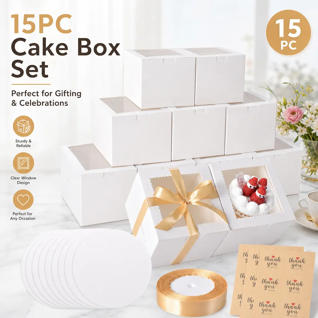 Durable Square Bakeware Window Cake Boxes with Lids - 15 Small (6x6x5") Pcs, 15 Cardboard Inserts, 1 Ribbon Roll, 3 Labels - Baking Utensils for Homemade Pastry, Wedding Cake Boxes, Christmas Gifting, Lid, Small Size