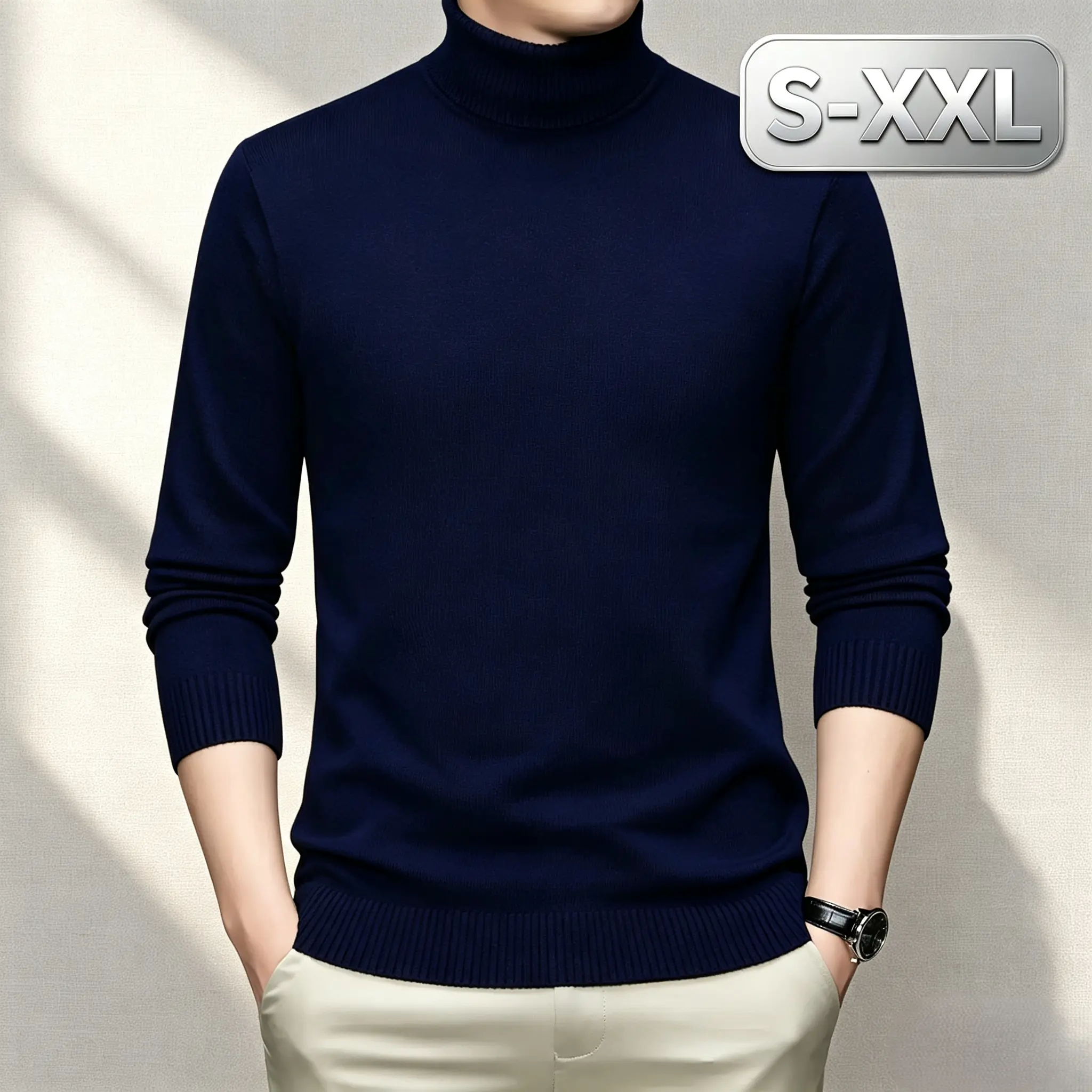 Men’s Premium Well-Crafted Turtleneck Knitted Sweater, Timeless Solid Color Breathable Long Sleeve Layering Pullover for Daily & Office Wear, Sizes S-XXL