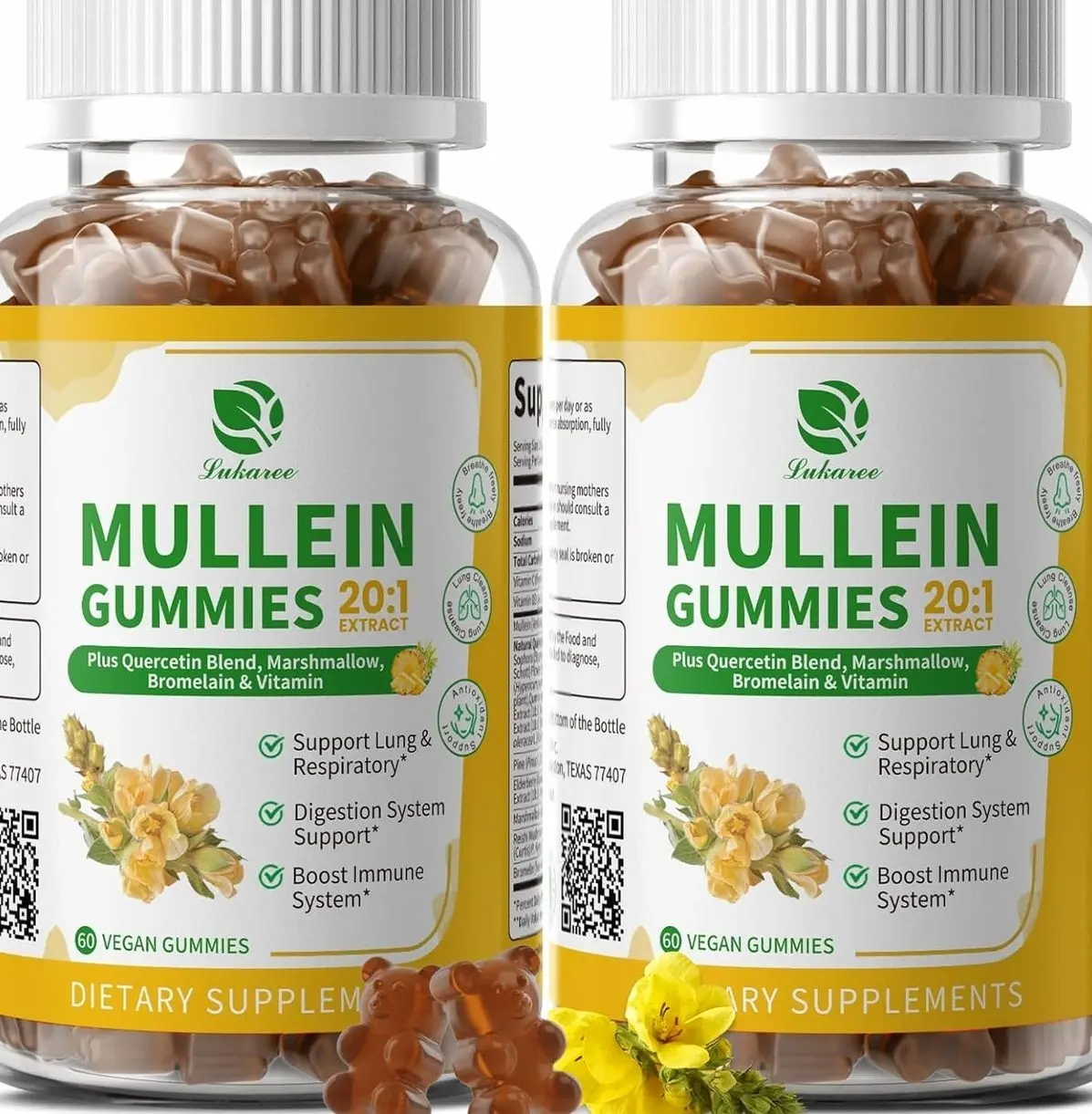 (2 Pack) 9 in 1 Mullein Gummies for Lung Cleanse & Lymphatic Drainage*, Extra Strength Mullein Leaf Extract w/Quercetin, Bromelain, Elderberry & Marshmallow for Respiratory & Immunity,Vegan,120 Count