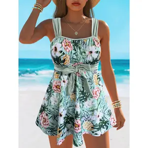 Women's Floral Swim Dress Tankini - V-Neck Printed Sleeveless Polyester Swimsuit with Built-In Shorts, Flower Print Design, Beach & Pool Wear, Sizes S-4XL, Flower Print Swimsuit