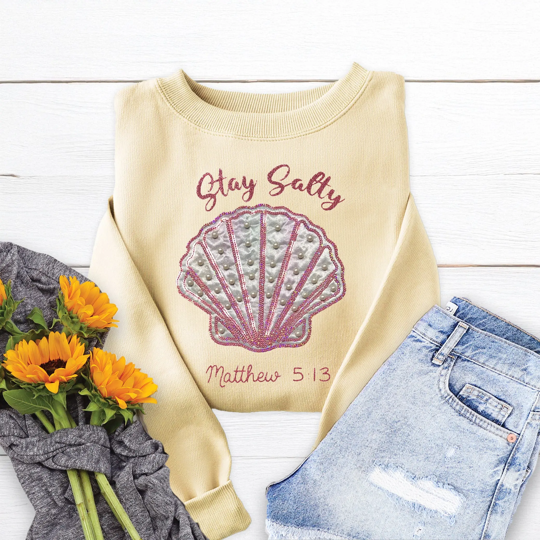 Embellished Stay Salty Crewneck Sweatshirt - Heather French Vanilla