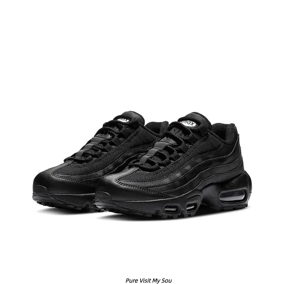 All Black Wave Layer Cushioned Running Sneakers Unisex, Breathable Mesh Synthetic Upper Rear Visible Air Cushion Midsole, Shock Absorb Non-Slip Rubber Outsole Daily Jogging Casual Couple Walking Trainers