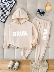Boys Fashion Simple Fall Winter Trend Bruh Comfortable Cute Print Fleece Hoodie Set, Thick Casual Pants, Long Sleeve Winter, 2 Piece Set, Clothes Kids