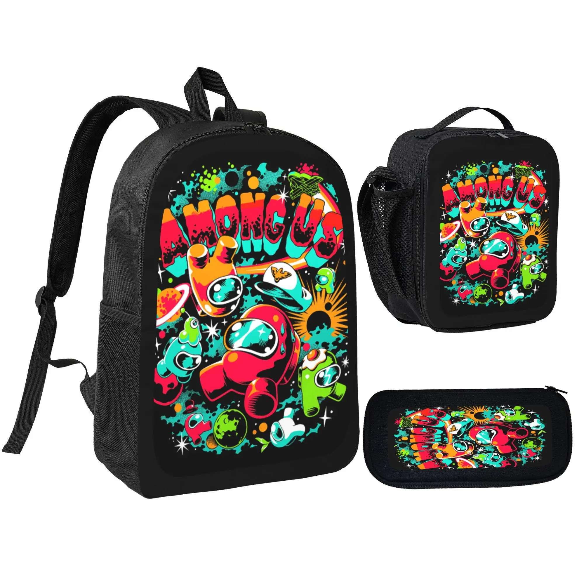Kids' 3-Pcs Among Us Graffiti Art Backpack Set - Polyester, Adjustable, Multi-Pockets, Includes Lunch Bag & Pencil Pouch, Back-to-School Bag for Students