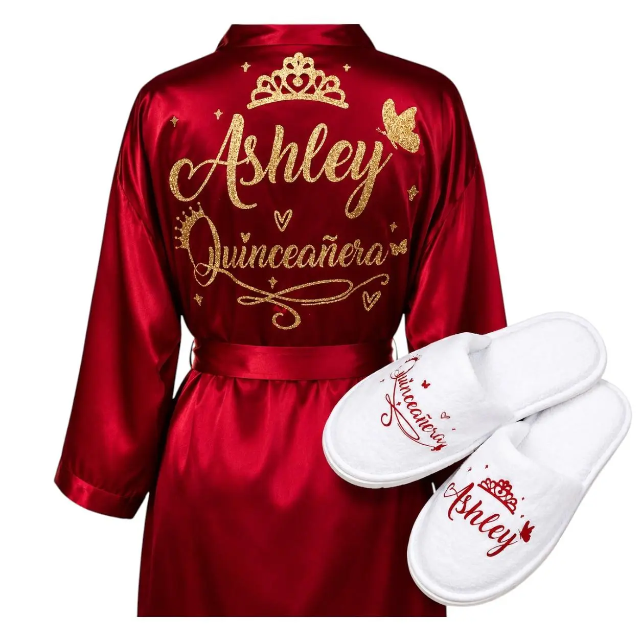 Women's Personalized Satin Quinceañera Robe & Slippers Set - Loungewear Gowns Nightwear, Custom Name & Phrase, Sweet 15 Gift